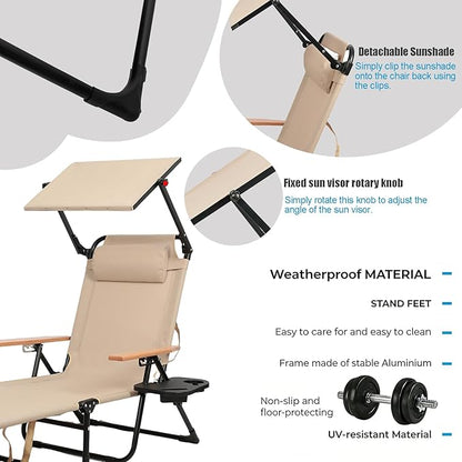 Folding Outdoor Chaise Lounge Chair with 360°Shade, 4 Position Portable Sun Tanning Chair with Headrest, Foldable Beach Lounge Chair with Cup Holders & Wooden Armrests for Patio Pool Lawn (Beige-B)