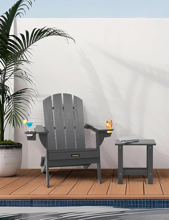 Folding Adirondack Chair Set of 6, Wooden Textured Plastic Adirondack Chairs with 2 Cup Holder, Weather Resistant HDPE Fire Pit Chair, Outdoor Patio Chairs for Garden, Backyard, Lawn, Deck, Grey
