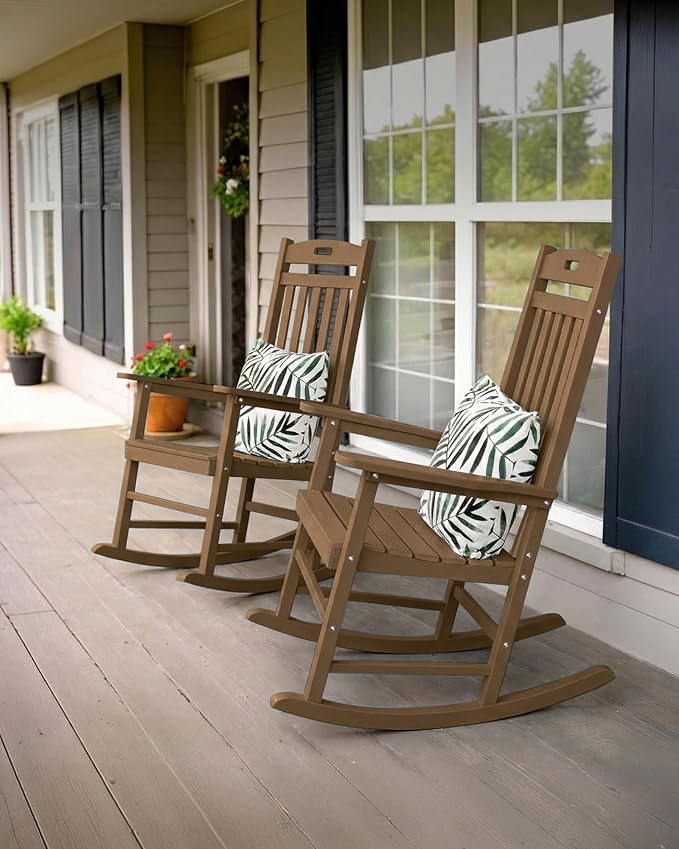 YEFU Porch Rocking Chairs Set of 2: Plastic Rocking Chairs for Outside, Weather Resistant for Patio, Waterproof, Rock smoothly, Teak