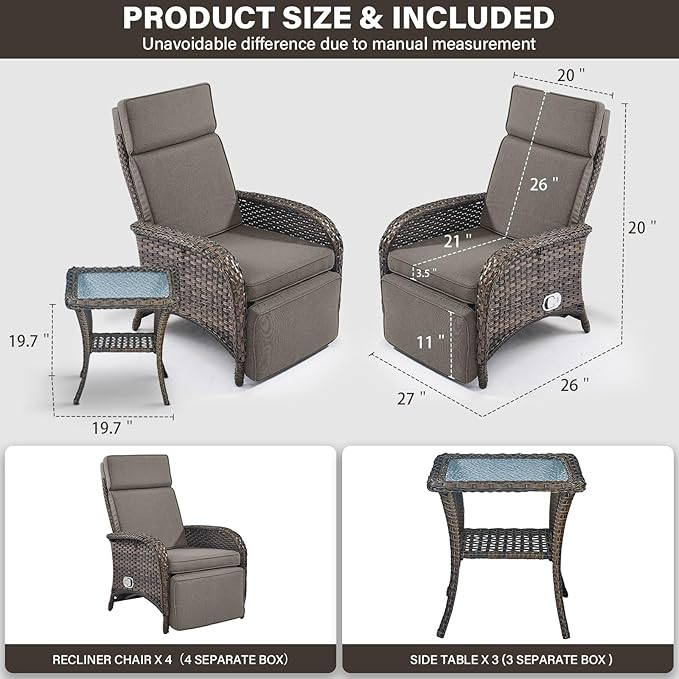 Belord 7 Piece Wicker Patio Furniture Set - 4 Adjustable Outdoor Recliner Chairs with 3 Side Table Patio Conversation - Photo 3