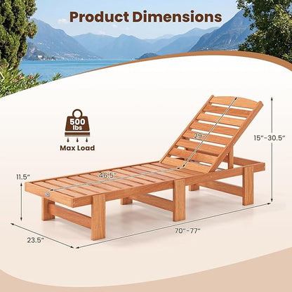 COSTWAY Solid Wood Chaise Lounge, Outdoor Lounge Chair with 5-Position Adjustable Backrest, Wooden Patio Lounger for Sunbathing, Yard, Teak Oil Finished (2)