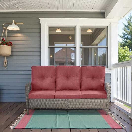 Belord Outdoor Patio Furniture - Wicker Sofa with Removable Cushion, 3 Seater Rattan Couch with Deep Seat, High Backrest, All-Weather for Balcony, Deck, Backyard, Gray/Red