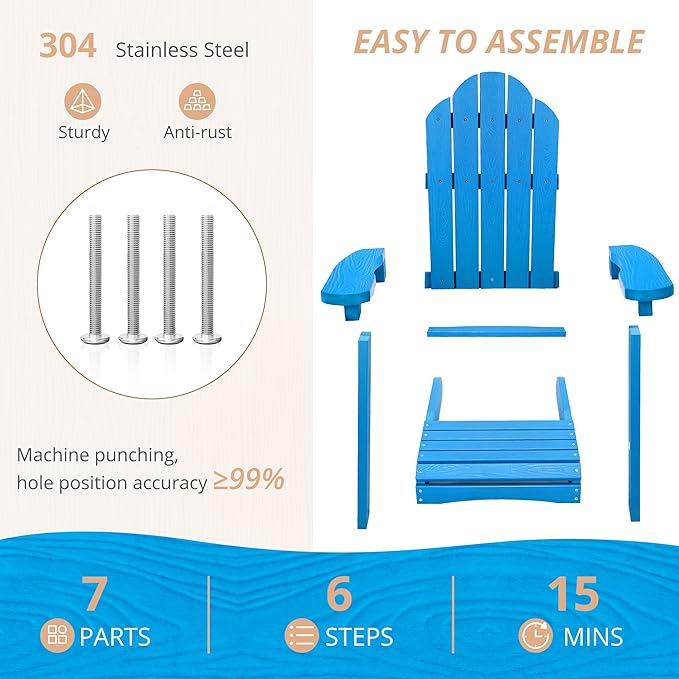 LUE BONA Kids Adirondack Chair Set of 2, Blue Poly Lumber Plastic Weather Resistant Toddler Outdoor Patio Lounge Chair for Balcony, Backyard