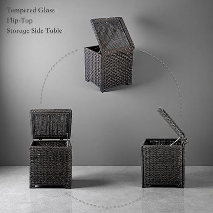 Classic Outdoor Storage Side Table, Weather-Resistant HDPE Rattan Wicker Patio Coffee Table w/Tempered Glass Flip Top for Porch Pool, Dark Brown