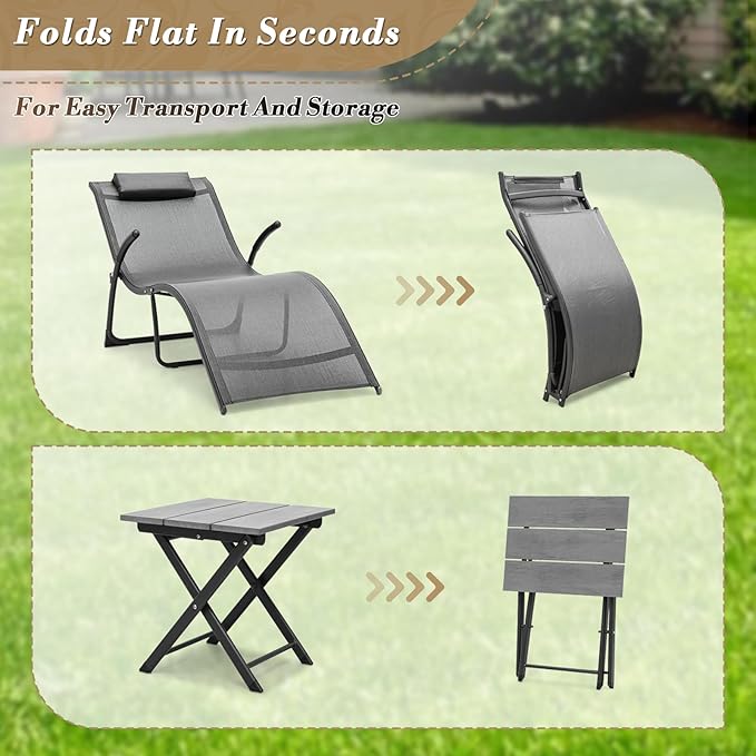 Athena Collection Outdoor Chaise Lounge Set, Metal Frame Pool Lounge Chairs with Folding Side Table and Headrest Armrest, Breathable Sun Lounger for Poolside Backyard Patio Outdoor, Grey