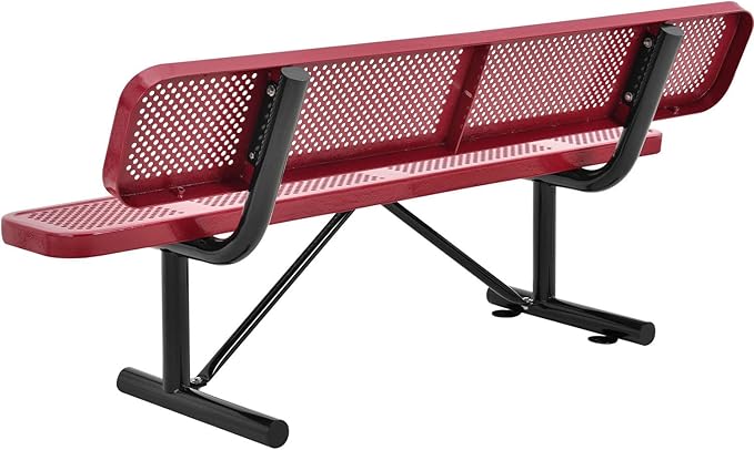 Global Industrial 6'L Heavy Duty Outdoor Steel Picnic Bench with Backrest, Perforated Metal, Portable Outdoor Bench, 1000 lbs Capacity, Red, 72" L x 24" W x 33" H