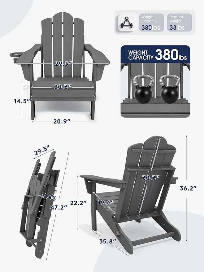 KINGYES Adjustable Folding Adirondack Chair Set of 2, 3-Position Reclining Adirondack Chairs with Cup Holder - Photo 3