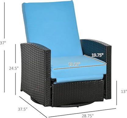 Outsunny Outdoor Wicker Swivel Recliner Chair, Reclining Backrest, Lifting Footrest, 360° Rotating Basic, Water Resistant Cushions for Patio, Light Blue