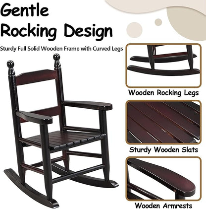 Toddler Rocking Chair for Kids Age 2-5, Hardwood Porch Rocker with Back Support & Armrest for Small Spaces Living Room Outdoor Garden, Easy Assembly (Espresso)