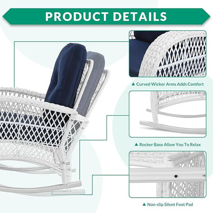 VIVIJASON Outdoor Wicker Rocking Chair, Patio Rattan Rocker Chair with Cushions & Steel Frame, All-Weather Rocking Lawn Furniture for Garden Backyard Porch (White Wicker/Navy Blue)