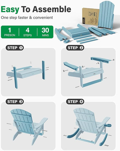 YEFU Adirondack Rocking Chairs Set of 2 : Oversize Adirondack Chair with Retractable Ottoman- 5-Level Adjustable High Back - Outdoor Rocker with Cup Holder for Porch/Garden/Lawn/Patio/Backyard/Blue
