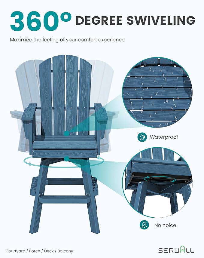 SERWALL 5-Piece Swivel Adirondack Bar Set, HDPE Swivel Bar Height Chairs Set of 4 with Bar Table - Photo 3