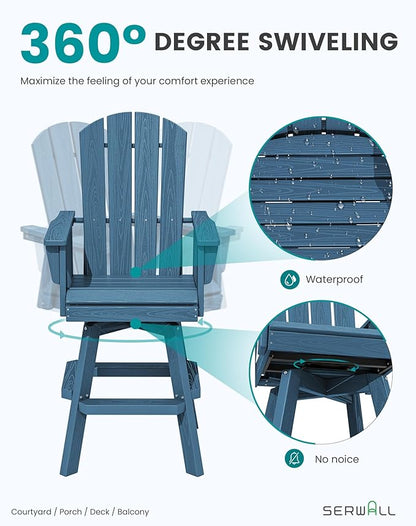 SERWALL 5-Piece Swivel Adirondack Bar Set, HDPE Swivel Bar Height Chairs Set of 4 with Bar Table, All-Weather Outdoor Barstools for Patio, Poolside, Garden, Blue