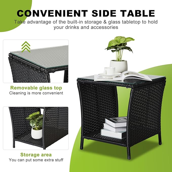 Outvita Outdoor Side Table, Rattan Coffee Table Small End Table with Glass Top Storage for Patio Porch Backyard Balcony