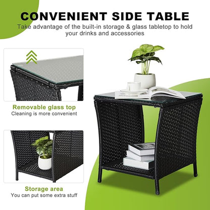 Outvita Outdoor Side Table, Rattan Coffee Table Small End Table with Glass Top Storage for Patio Porch Backyard Balcony