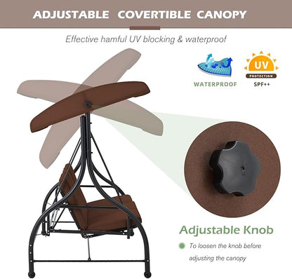 AECOJOY Porch Swing Chair, 3 Seats Porch Swing Adjustable Backrest & Canopy Outdoor Swing with Stand Patio Swing Bed with Removable Brown Cushions