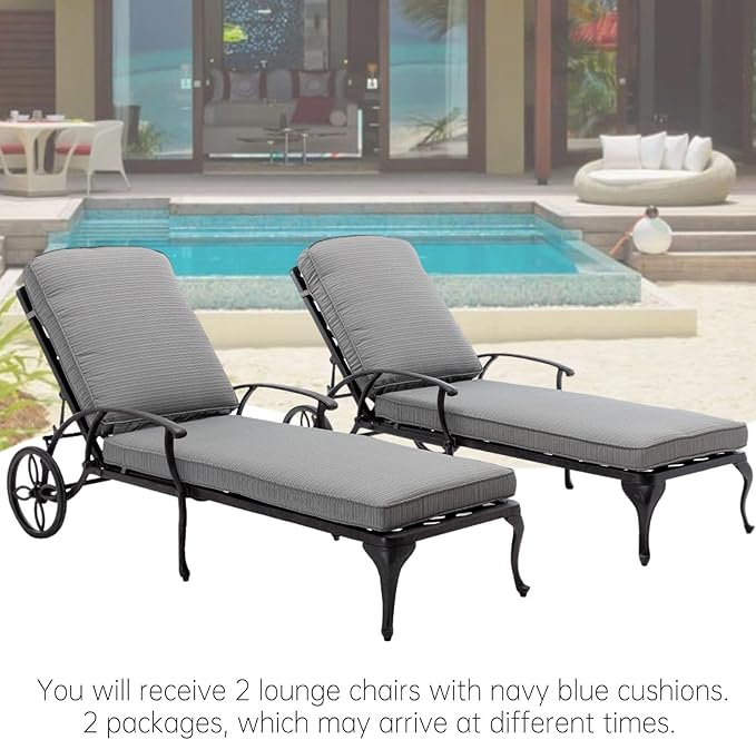 Chaise Lounge Outdoor Chair with Wheels, Adjustable Reclining Rust-Resistant Aluminum Cast Poolside Chaise Lounge Furniture Set of 2, Waterproof Grey Cushion