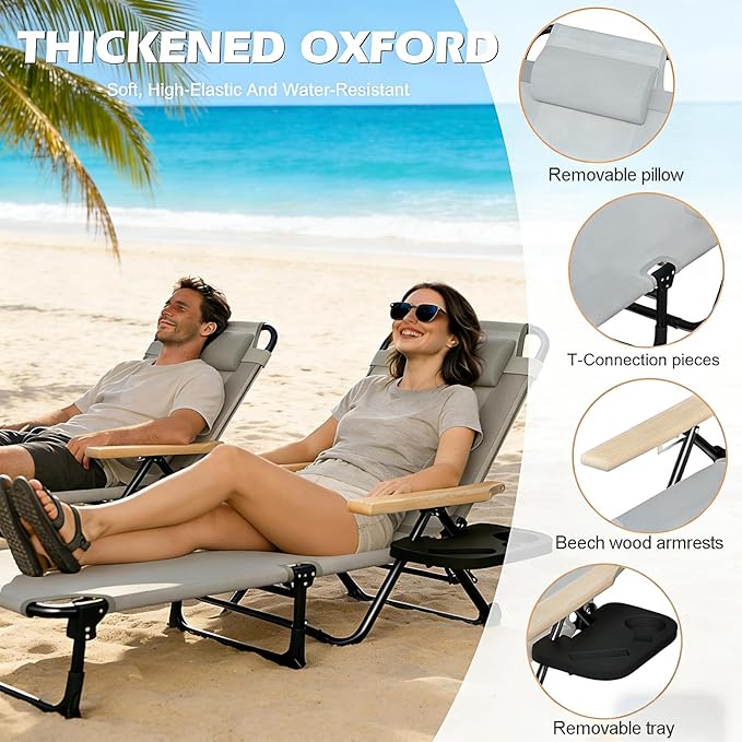 Folding Outdoor Chaise Lounge Chair, Portable Camping Cot with Headrest, 4 Position Beach Lounge with Cup Holders & Wooden Armrests, Sun Tanning Chair for Patio Pool Lawn, Supports 350lbs (Grey)