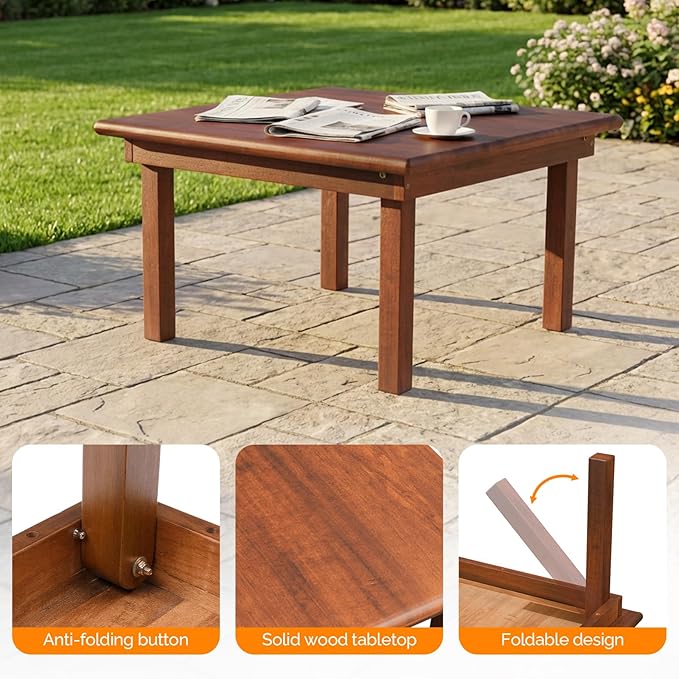 VINGLI Outdoor Folding Coffee Table, Natural Poplar Wood Patio Coffee Table, No Assembly Required, Ideal for Balcony, Porch, and Living Room, Square, Natural