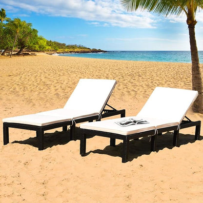 Tangkula Patio Wicker Lounge Chair, Outdoor Rattan Adjustable Reclining Backrest Lounger Chairs, Modern Outside Rattan Chaise with Seating and Back Cushion