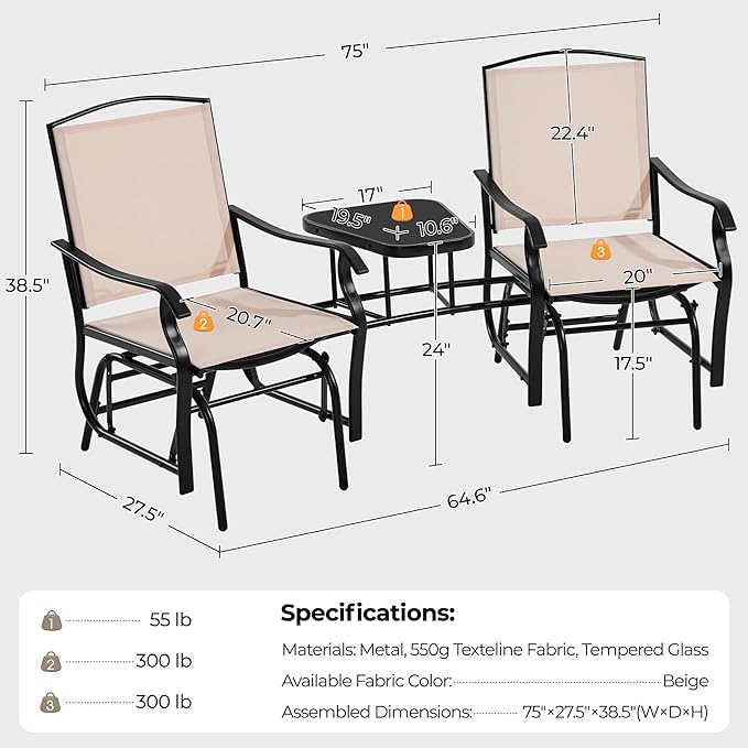 Yaheetech Outdoor Glider Chairs with Glass Table Rocking Chairs - Photo 3