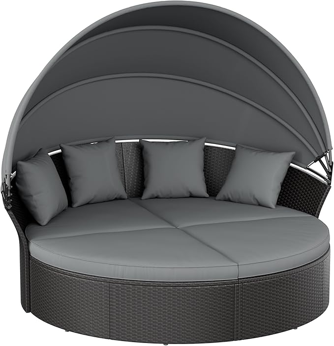 Crownland Outdoor Round Daybed with Retractable Canopy, Patio Daybed with Washable Cushions, Clamshell Sectional Seating - Photo 1