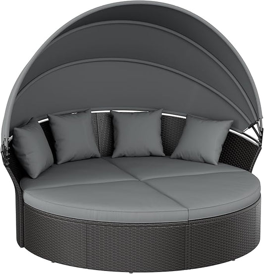 Crownland Outdoor Round Daybed with Retractable Canopy, Patio Daybed with Washable Cushions, Clamshell Sectional Seating, Black Wicker Furniture for Garden, Patio, Pool (Grey,Gray)