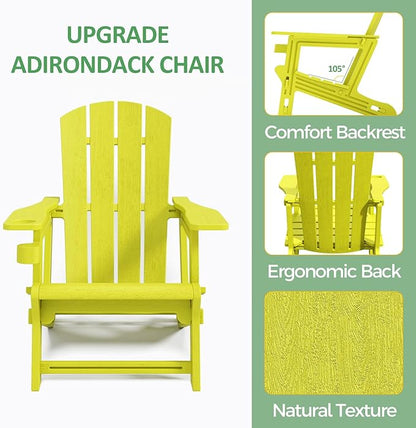 FONTOI Adirondack Chair, Outdoor Weather Resistant Lawn Furniture, Plastic Adirondack Chair with Cup Holder, 400 LBS Capacity Recliner, Garden Backyard Patio Without Screws Install, Yellow