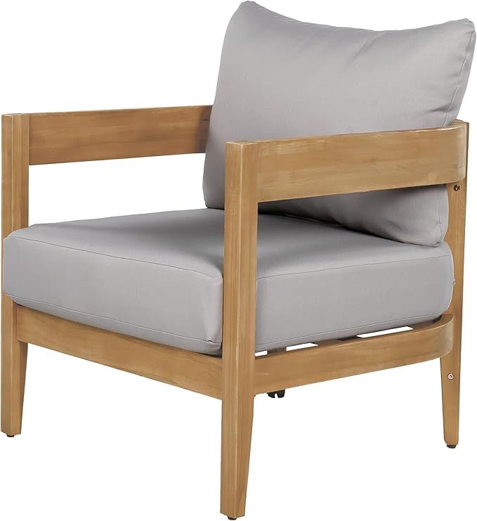 Christopher Knight Home Nadine Acacia Wood Club Chair, Outdoor Accent Chair, Tub Shape Design Armchair, Comfort Cushions Seating, Slat Open Back Reading Sofa for Balcony Backyard Garden, Teak+Gray