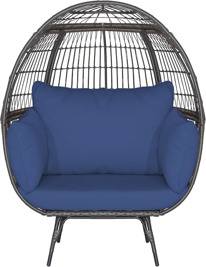 Tangkula PE Wicker Egg Chair, Patiojoy Oversized Indoor Outdoor Patio Lounge Chair with Cushions and Pillows, Steel Frame Basket Chair for Garden, Deck, Balcony, Living Room (Navy)
