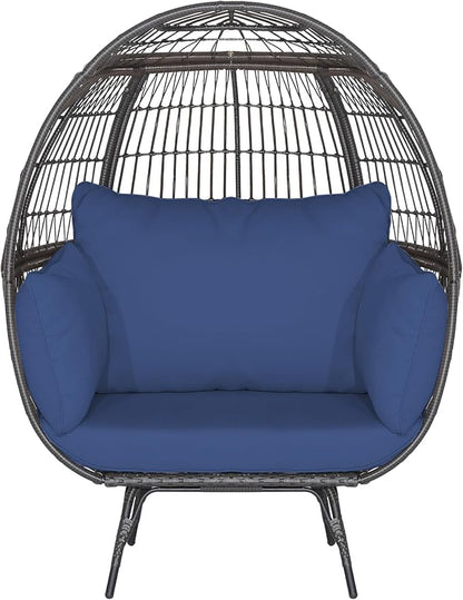 Tangkula PE Wicker Egg Chair, Patiojoy Oversized Indoor Outdoor Patio Lounge Chair with Cushions and Pillows, Steel Frame Basket Chair for Garden, Deck, Balcony, Living Room (Navy)