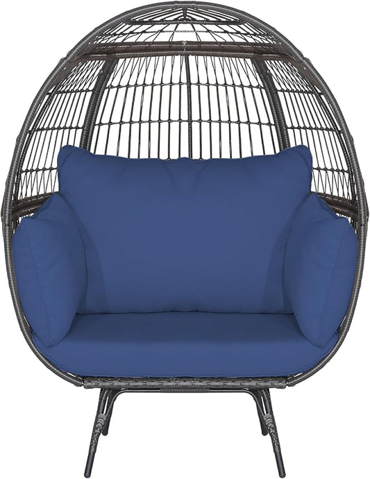 Tangkula PE Wicker Egg Chair, Patiojoy Oversized Indoor Outdoor Patio Lounge Chair with Cushions and Pillows, Steel Frame Basket Chair for Garden, Deck, Balcony, Living Room (Navy)