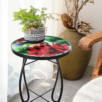 VCUTEKA Patio Side Table Outdoor Accent Table Small Mosaic Tables Coffee End Porch Tables Indoor Outdoor Round Glass Balcony Bistro Plant Stand Hummingbird Poppy 14 inches