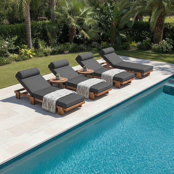 Merax 4 Piece 78.8'' Outdoor Patio Chaise Lounge Chair, Acacia Wood Adjustable Recliner with Headrest and Retractable Side Tray, Perfect for Terrace, Poolside, Garden, and Beach, Dark Gray