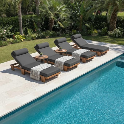 Merax 4 Piece 78.8'' Outdoor Patio Chaise Lounge Chair, Acacia Wood Adjustable Recliner with Headrest and Retractable Side Tray, Perfect for Terrace, Poolside, Garden, and Beach, Dark Gray