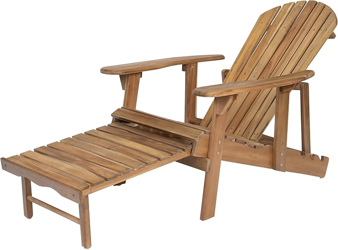 Merax Folding Adjustable Acacia Wood Adirondack Chairs, with Retractable Ottoman Outdoor Lounge Reclining Chair for Yard, Garden, Patio, Natural Stained