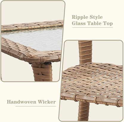 Wicker Outdoor Coffee Table - 40 Inch Tempered Glass Top Patio Coffee Table with Storage, 2 Layers Rattan Outdoor Table Rectangle for Patio for Porch, Balcony, Deck and Garden - Yellow