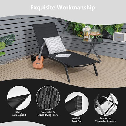 COSTWAY Outdoor Chaise Lounge with Wheels, 6-Position Adjustable Tanning Chair with Stable Aluminum Frame, Portable Sun Bathing Lounge Chair for Backyard, Garden, Poolside (Black)