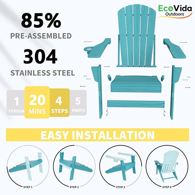 Upgraded Folding Adirondack Chair with All-Weather Cup Holder-EcoVida, Premium Wood Grain Texture, HDPE Waterproof, Suitable for Fire Pit, Patio, Porch, Aruba