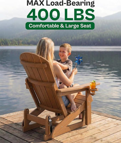 3-Position Adjustable Adirondack Chair with Cup Holder Set of 2, HDPE All-Weather Outdoor Glider Chair, Wood-Grain Fire Pit Chairs for Pool, Yard, Deck (Rustic Teak)