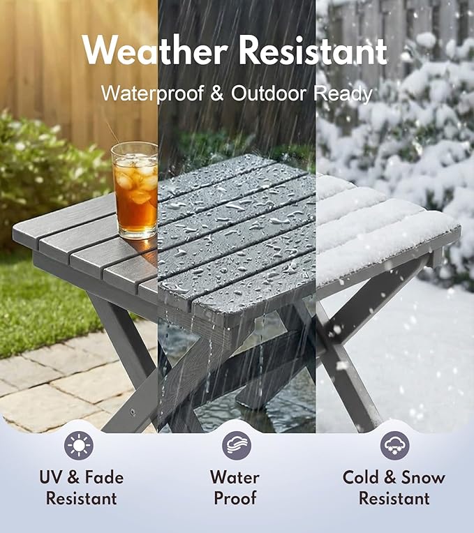 PASAMIC Folding Outdoor Side Table, Small Outdoor Table, Portable, No Assembly, Weather-Resistant HDPE End Table for Camping, RV, Poolside, Garden (Gray)