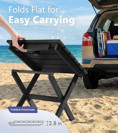 PASAMIC Folding Outdoor Side Table, Small Outdoor Table, Portable, No Assembly, Weather-Resistant HDPE End Table for Camping, RV, Poolside, Garden (Black)