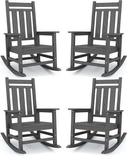 KINGYES Oversized Outdoor Rocking Chair Set of 4, All-Weather Patio Rocking Chairs for Porch, HDPE Outdoor Patio Rockers with High Back & Wide Seat for Garden, Lawn, Gray
