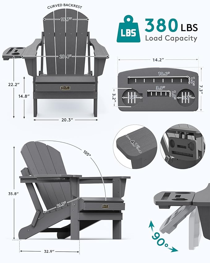 SERWALL Folding Adirondack Chair Set of 4, Outdoor Adirondack Chairs with 4 in 1 Cup Holder, Wood Texture Patio Chairs - Photo 2