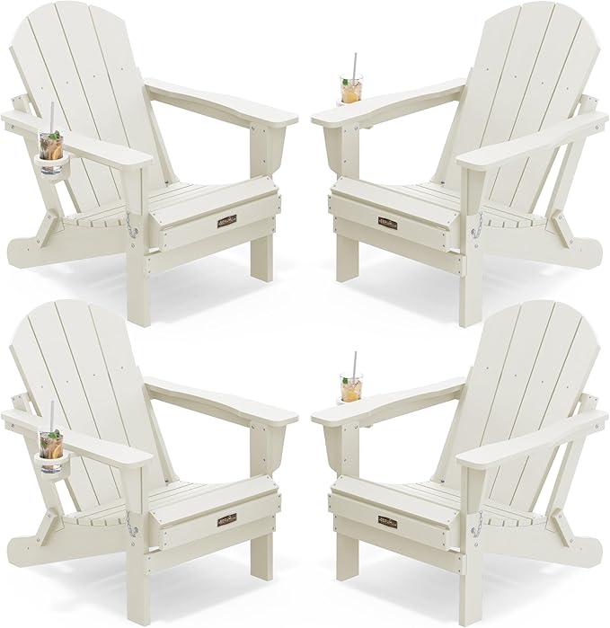 SERWALL Folding Adirondack Chair Set of 4, All Weather Adirondack Chairs with Cup Holder for Patio Garden Outdoors Fire Pit Chairs-White