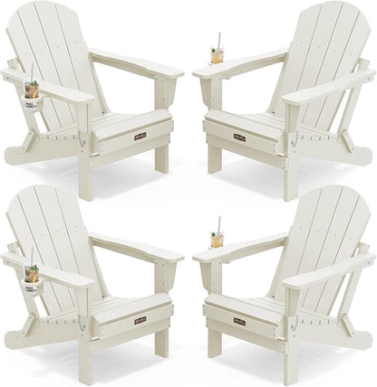 SERWALL Folding Adirondack Chair Set of 4, All Weather Adirondack Chairs with Cup Holder for Patio Garden Outdoors Fire Pit Chairs-White