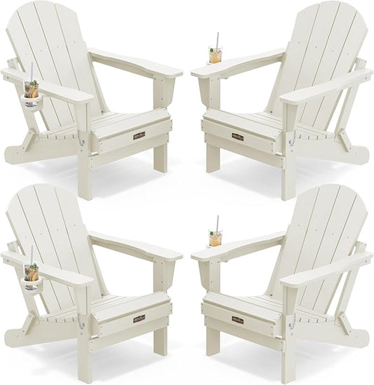 SERWALL Folding Adirondack Chair Set of 4, All Weather Adirondack Chairs with Cup Holder for Patio Garden Outdoors Fire Pit Chairs-White