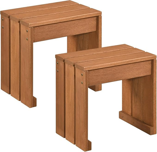 Tangkula Small Wood Outdoor Bench Set of 2, Patio Backless Bench with Solid Wooden Frame, Compact Side Table & Plant Stand with 242 LBS Weight Capacity, Bench for Backyard, Porch, Entryway, Garden
