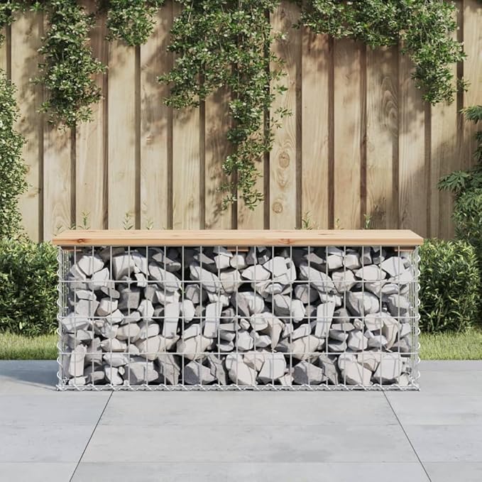 Garden Bench Natural Wood Silver Solid Pine Wood Galvanized Steel Gabion Design Outdoor Seating for Two Comfortable Rustic Modern Patio Furniture