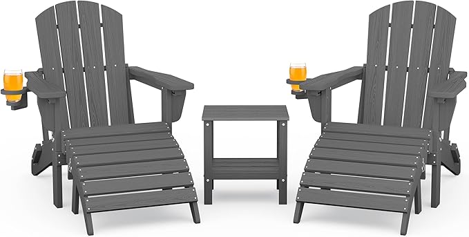 SERWALL 5-Piece Folding Adirondack Chair and Ottoman and Table Set, HDPE Adjustable Adirondack Chairs Set, Grey - Photo 1